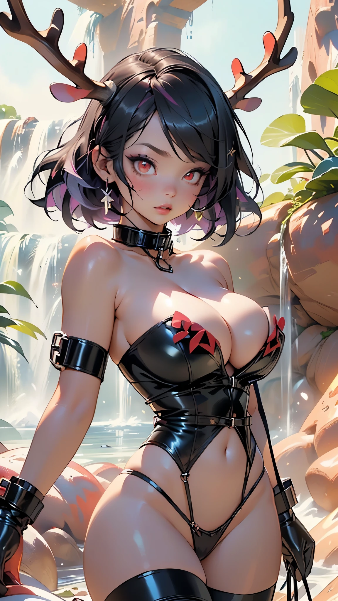 gothic reindeer girl,(((1girl))),((extremely cute and beautiful black hair with purple streaks anime gothic reindeer girl)),
(((anthro furry:1.2), Playboy_Reindeer, reindeer_antlers,(huge antlers:1.5,dear antlers:1.5,blooming antlers:1.5))),(large breasts:1.4),saggy breasts,((((black hair with purple streaks:1.35,short hair,ear breathing)))),(((red_eyes:1.3))),intricate eyes,beautiful detailed eyes,symmetrical eyes,big eyes:1.5,(((lustrous skin:1.5,bright skin: 1.5,skin tanned,shiny skin,very shiny skin,shiny body,plastic glitter skin,exaggerated shiny skin,illuminated skin))),(spider lower abdomen,narrow waist,wide hip,athletic body,inflated legs,thick thighs,detailed body,(detailed face)),
cute,slutty,seductive,erotic,(((nsfw))),
zettai ryouiki,revealing armor,show skin,((huge cleavage:1.5)),(((underboob))),(((eyeshadow,egyptian makeup,eyelid makeup))),(((slave collar,metal slave collar,black slave collar,Long chain leash connected to her collar,shackles))),((((((strapless latex teddy)), thighhighs, long gloves)))),(((thong:1.5))),
(dynamic pose:1.0),embarrassed,(centered,scale to fit dimensions,Rule of thirds),
((red and white background of a waterfall, red lava rivers, bright red lava flows, bloody river in hell, narrow red lava rivers, red fluid, bottom of a lava river, bright red veins, turbulent blood lake, flowing lava, rivers of lava, streams of bright hot lava, rivers of blood)),scenery:1.25,((intricate scenery)),
(Glossy goth ornaments),highres,sharp focus,(ultra detailed,extremely detailed),(photorealistic artwork:1.37),(extremely detailed CG unity 8k wallpaper),(((vibrant colors,vibrant theme))),(intricate),(masterpiece),(best quality),artistic photography,(photography taken by sldr),(intricate background),perfect rendered face,perfect face details,realistic face,photo realistic,((intricate detail)),(((realism))),