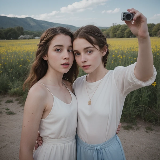 Sophia Lillis,, Soft belly, elegant, Open your mouth, Selfie , Long braids,whole body 、Outdoor、holiday、Blue sky、Relaxed atmosphere、mysterious、Old Polaroid Film、Bright light、Professional photos、private、Intimate atmosphere、Two people in love、A rich variety of colors、Color、