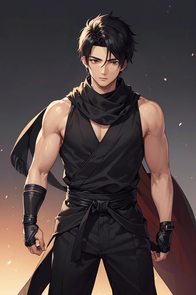 (((masterpiece; best quality: 1.2))), (finely detailed eyes: 1.3), ((1 young man)), ((solo)), (black eyes: 1.4), (body shape; lean, masculine: 1.3), (very short black hair: 1.3), (beautiful and clear background: 1.2), ((depth of field)), (equipment: black shinobi clothing + fully covered + black kimono + black pants + black scarf + black bracers + black fingerless gloves: 1.3), (anime illustration: 1.2), (background composition; old japanese mansion + night: 1.1), (extremely fine and handsome: 1.1), (shot composition; standing + centered on torso + close-up: 1.5), (facial expression; calm, stoic: 1.2)