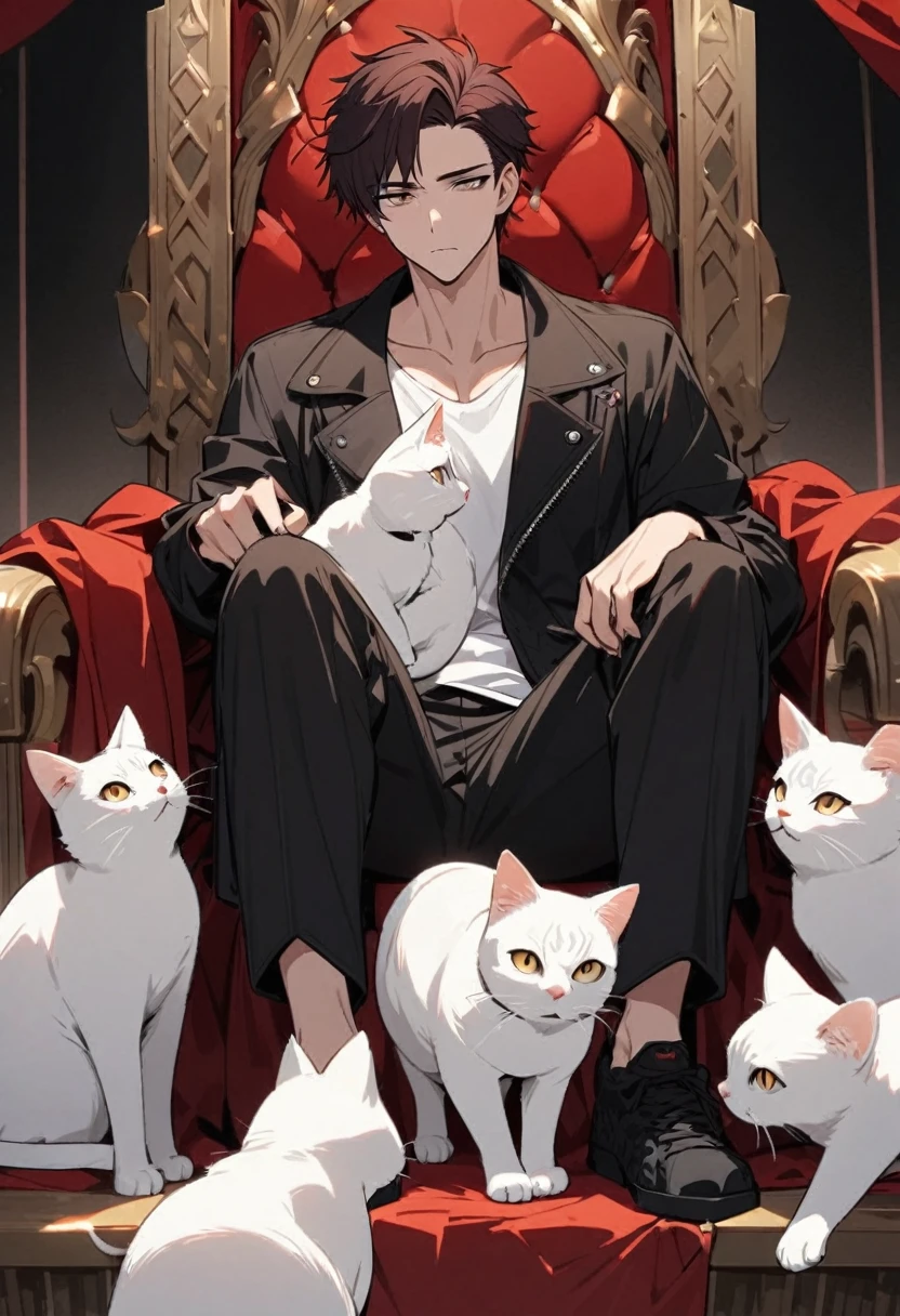 Handsome, 1 male, dark red short hair,Brown eyes,White top,black loose jacket, black trousers,Black sneakers,Sitting on the high throne, A large white tabby cat lies next to him,Expressionless,Cocked feet