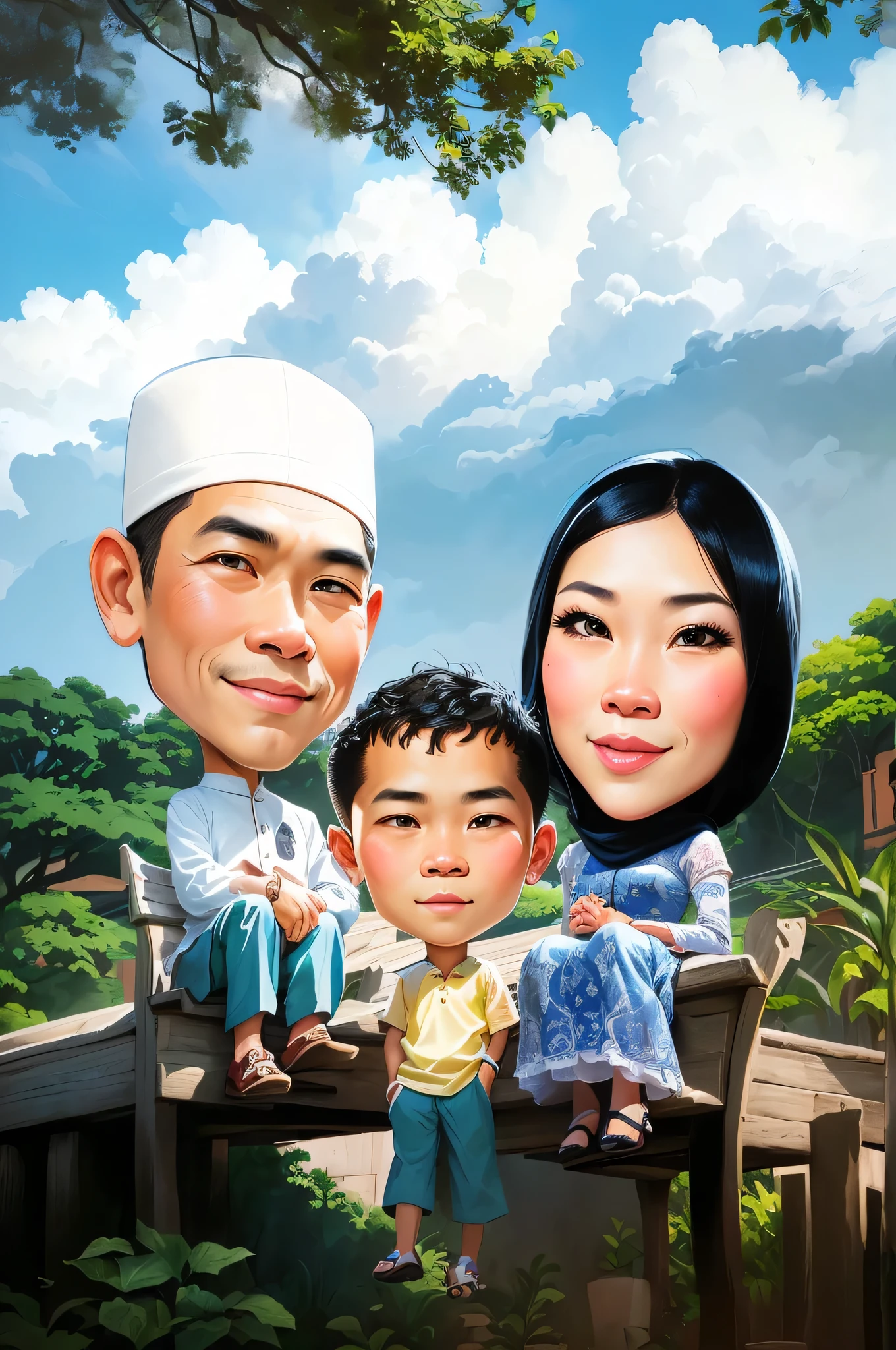 there are two people that are sitting on a bench, beautiful hair, And the boy stood in the middle on the ground, an indonesian family portrait, caricature illustration, potrait, happy family, barong family, cartoon art, in cartoon style, cartoon portrait, classic portrait, digital art cartoon, full protrait, cartoon digital art, traditional portrait, by Abidin Dino, caricature style, portrait of family of three