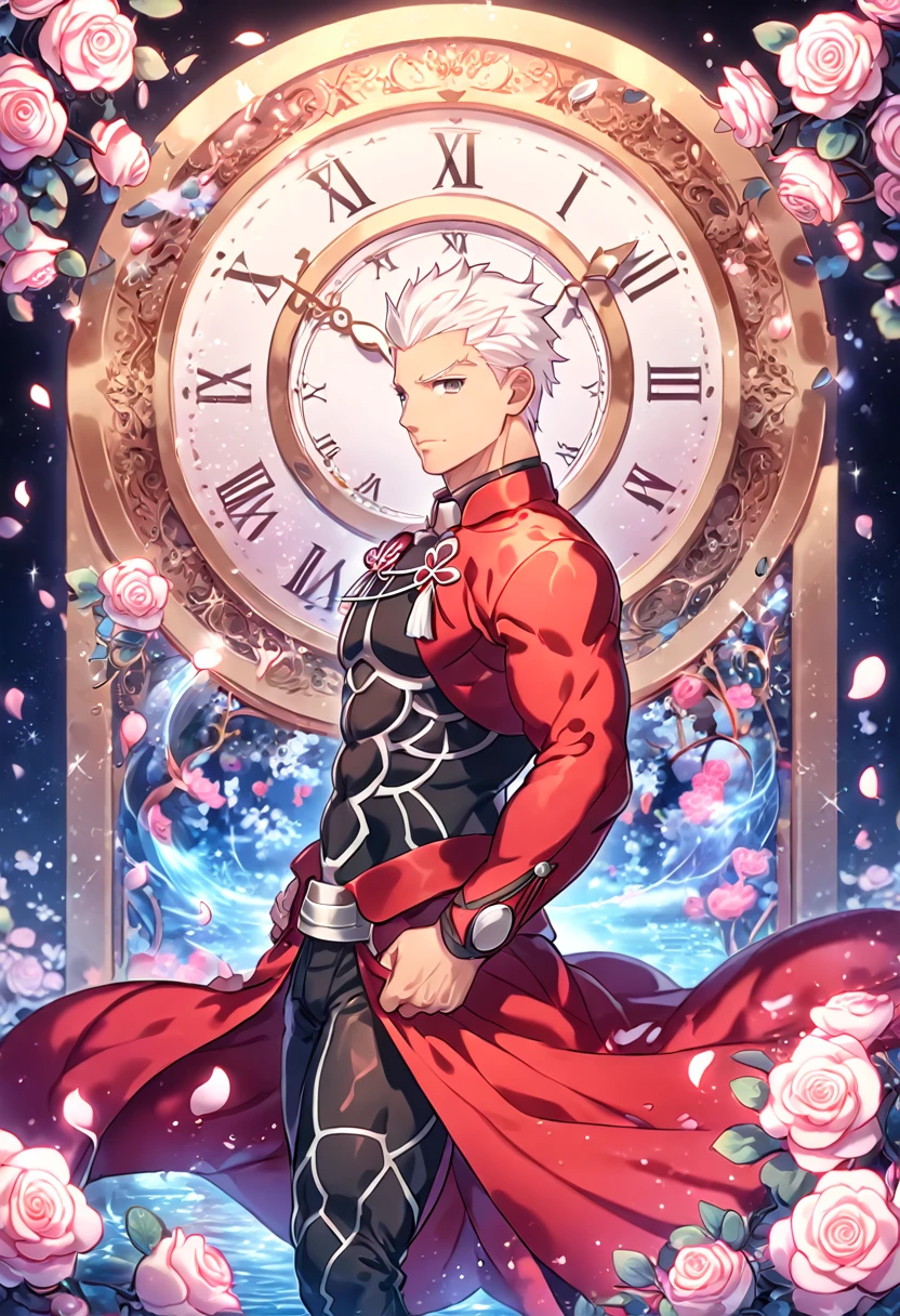 absurdres, highres, ultra detailed, HDR, masterpiece, extremely detailed, Archer, white hair, expressive gray eyes, Fate Stay Night, solo, sexy man, handsome, sensual, red coat, water, magical, fantasy, glittering, shining, pink roses, blossoms, petals, in woderland, clock, manly man