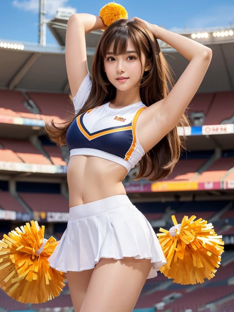 masterpiece,Highest quality,Very detailed,High resolution,(Realistic,photoRealistic:1.37),Excellent anatomy,One beautiful woman,18-year-old,height:152 cm,Orange Cheerleader,(Holding big pom-poms in both hands:1.5),smile,cheer leading,Cheerleader uniform,(shape),Micro Pleated Mini Skirt,No underwear,((Very delicate and beautiful)),((Stadium Background:1.2)),Brown Hair,Long Hair,bangs,Very beautiful face,Cute type,Big Natural Color Lip,Small and cute nose,Big and pretty eyes,Brown eyes,Obvious double,Shiny highlight spots around the eyes,Character Focus,Tilt your head,The best light,Best Shadow,mysterious,Perfect Face,Very detailed,Soft Skin,(Glowing Skin,Sweaty:1.2),Beautiful legs,Voluptuous thighs,Plump body,Huge breasts,(Expresses the roundness and softness of the chest area..........1),Beautiful body,(Perfect Woman),Lift your legs,Skirt flip,Bold sexy pose,((cheer dance pose))