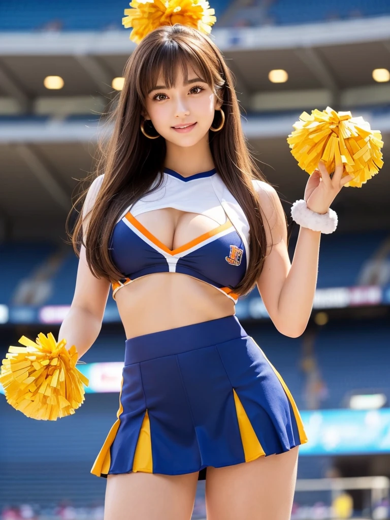 masterpiece,Highest quality,Very detailed,High resolution,(Realistic,photoRealistic:1.37),Excellent anatomy,One beautiful woman,18-year-old,height:152 cm,Orange Cheerleader,(Holding big pom-poms in both hands:1.5),smile,cheer leading,Cheerleader uniform,(shape),Micro Pleated Mini Skirt,No underwear,((Very delicate and beautiful)),((Stadium Background:1.2)),Brown Hair,Long Hair,bangs,Very beautiful face,Cute type,Big Natural Color Lip,Small and cute nose,Big and pretty eyes,Brown eyes,Obvious double,Shiny highlight spots around the eyes,Character Focus,Tilt your head,The best light,Best Shadow,mysterious,Perfect Face,Very detailed,Soft Skin,(Glowing Skin,Sweaty:1.2),Beautiful legs,Voluptuous thighs,Plump body,Huge breasts,(Expresses the roundness and softness of the chest area..........1),Beautiful body,(Perfect Woman),Lift your legs,Skirt flip,Bold  pose,((cheer dance pose))