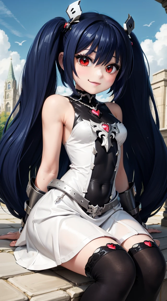 (cabello despeinado), (illustration), retrato, (fondo de ciudad futurista), (arms behind back), Cintura delgada, gran sonrisa, abdominales fuertes, chica delgada, strong abs, muscle girl, front pose, big thighs, focus on face, flat chested, large cathedral background, blue hair, shirt with skirt, sit on rock, detailed vagina, nude, heavy knight armor, mecha musume, pale skin, gothic dress, twin tails, red eyes, heart accesories details