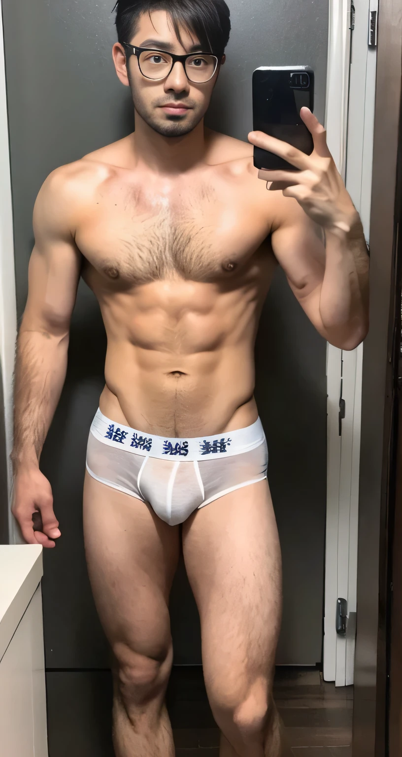  natural male、30 years old、male、Japanese、very handsome、abs、Pectoral muscle、PUMP underwear、PUMP Briefs、body hair、full-length picture,wearing glasses ，The body above the knees