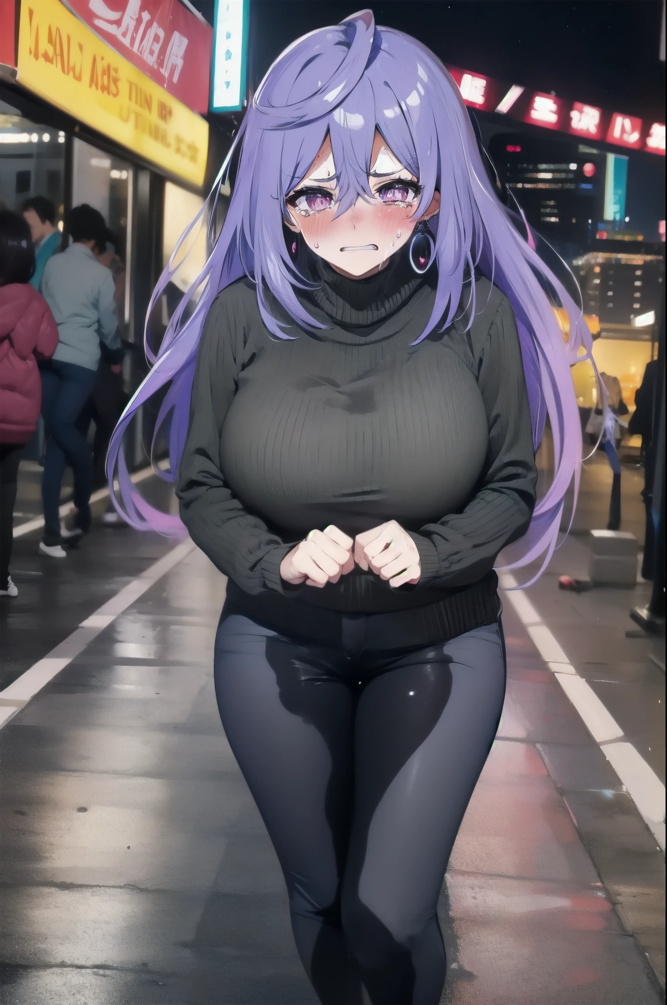 woman, irishrt, power symbol-shaped pupils, very long hair, large breasts, earrings, turtleneck sweater, standing, dark gray pants, peeing self, pee stain, best quality, ultra-detailed, HDR, studio lighting, professional, vivid colors, sharp focus, bokeh, landscape, cityscape, colorful city, neon lights, futuristic, science fiction, soft lighting, dynamic shadows, facing viewer, embarrassed, (humiliation:1.5), (blushing:1.5), (tears:1.25), (sweating:1.5), (angry:1.25)