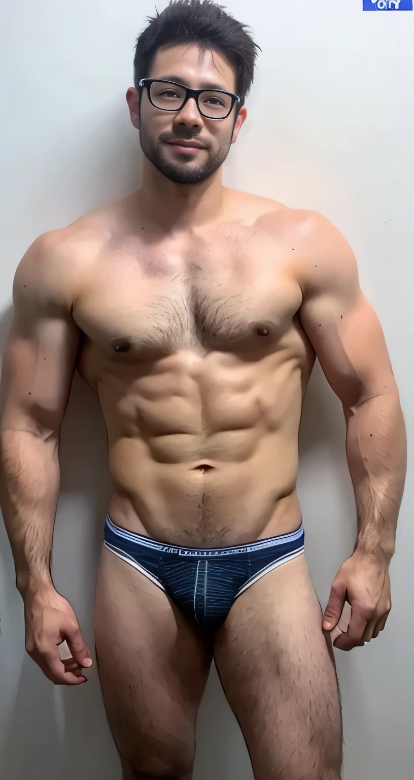natural male、30 years old、male、Japanese、very handsome、abs、Pectoral muscle、PUMP underwear、PUMP Briefs、body hair、full-length picture,wearing glasses ,The body above the knees