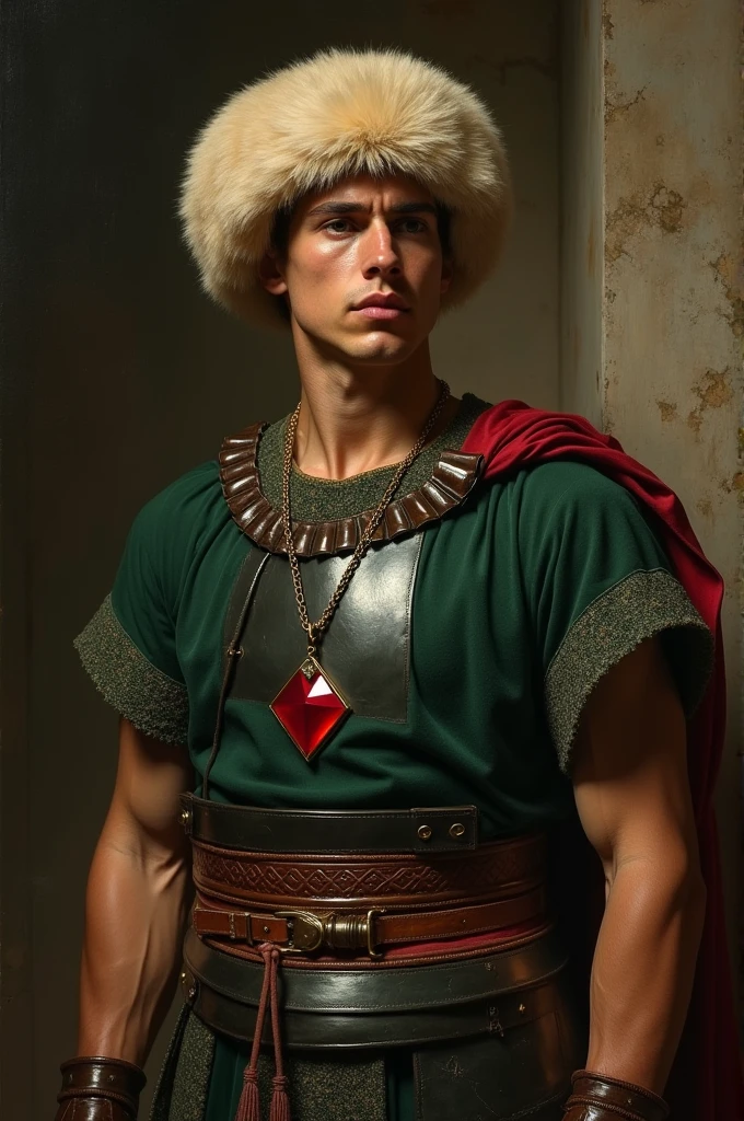 {{Masterpiece, best quality, oil painting, by Franz von Stuck, male focus, muted colors}}, the composition is: (((a dramatic half body portrait of a 25 years old ancient Roman soldier, sexy, magnificent, wearing a beige Russian fur hat, he is wearing a red diamond shape pendant))). ((((He is wearing a dark green lorica armor made of velvet, alligator leather, with ronin inspired elements, Slavic inspired elements, wearing a satin sash))).