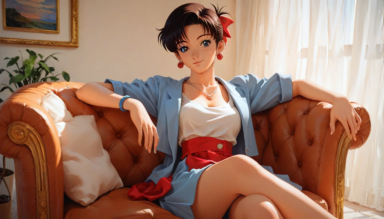 Anime girl sitting on a sofa with a necklace around her neck and winking, Anime atmosphere, Anime Style 4 k, 90s anime art style, Detailed portrait of an anime girl, Anime Style. 8k, Lo-fi art style, Anime Style mixed with fujifilm, 9 0 s Anime Aesthetics, Anime PostersMovie StillsPortrait, Anime Aesthetics, Earrings