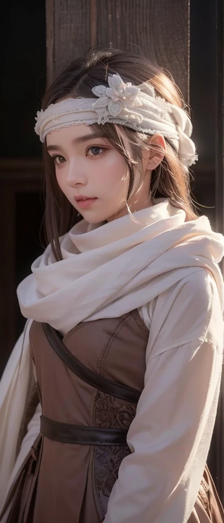 a beautiful girl , standing alone with a cowl headband, profile view looking at the viewer, extremely detailed eyes and face, masterpiece, best quality, high resolution, photorealistic, ultra-detailed, intricate details, delicate features, soft lighting, warm color tones, elegant, feminine, graceful, serene expression