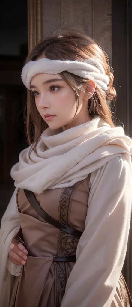 a beautiful girl , standing alone with a cowl headband, profile view looking at the viewer, extremely detailed eyes and face, masterpiece, best quality, high resolution, photorealistic, ultra-detailed, intricate details, delicate features, soft lighting, warm color tones, elegant, feminine, graceful, serene expression