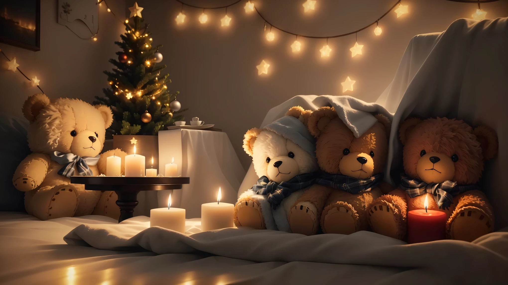 There are two teddy bears sitting on a blanket with a candle, Cozy candlelight, Cozy home background, cozy wallpaper, Cute 3D rendering, v-rayでレンダリング, Cozy environment, Cozy atmosphere, Christmas Night, Pleasant lighting, Night atmosphere, Cozy atmosphere, Vray 8K Rendering, Unreal Engine ; Romantic Theme, Realistic soft lighting, Highly detailed soft lighting、Cute Animals