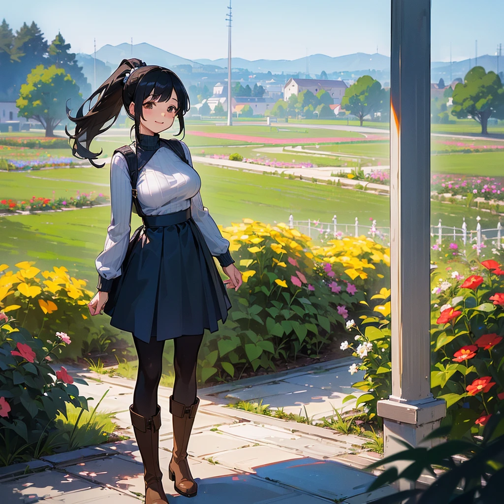 (high quality, High resolution, Very detailed, reality:1.37), Peaceful atmosphere, (Outdoor, garden), Teenage girl standing alone, (my breasts are big.), Beautiful details, Cute Smile, (Black hair ponytail), Ribbed sweater, Blue Skirt, Black tights, Brown boots.