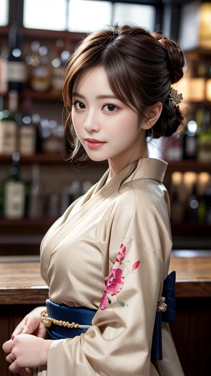 photography of a brightly sangmi nam who is korean actress,masterpiece,photorealistic,analog,realism,korean idol,slim leg, long_brown_hair,1 girl, very bright backlighting, solo, {beautiful and detailed eyes},calm expression, natural and soft light,delicate facial features, Blunt bangs, beautiful Korean girl, eye smile,28yo, ((model pose)), Glamor body type,half red and half hair, flim grain, realhands, masterpiece, Best Quality, photorealistic, ultra-detailed, finely detailed, high resolution,brown messy hair, perfect dynamic composition, beautiful detailed eyes,Korean girl,((nervous and embarrassed)),sharp-focus, beautymix, FilmGirl,(hair in an updo:1.3),(wearing a beige kimono:1.3),facing reality,shy smile,(You must be standing at the bar:1.3),(upperbody shot:1.3),night scene