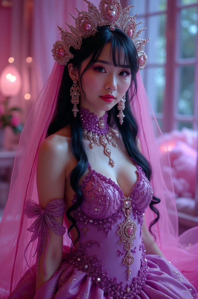 ((Highest quality、Flying debris、8k、Best image quality、Extremely intricate and detailed))、(Japan'The most gorgeous whore goddess:1.1)、((The most gorgeous prostitute goddess in huge costume、The most vibrant and luxurious prostitute costumes、An unimaginably luxurious goddess' room、Sparkly purple and pink room、The most luxurious purple and pink room、Purple and pink gemstones、A glittering room decorated with many jewels、Night room、Very intricate decoration、A very transparent goddess' room))、(look at me、Captivating smile、Perfect Makeup、Long eyelashes、lipstick、Pink Eyeshadow、Perfect Anatomy、Captivating smile)、(Slightly pregnant:1.1)、Ultra-high definition glossy skin、Ultra-high definition glossy lips、Ultra HD Hair、Ultra high definition beauty face、Ultra-high definition sparkling eyes、Long Hair
