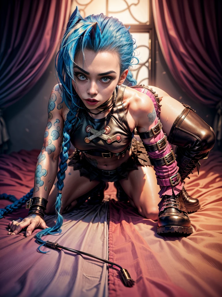 ((Jinx wears a Harajuku Tech costume), tousled hair, ( atmosphere:1.2), laying down, spread legs, wearing leather boots