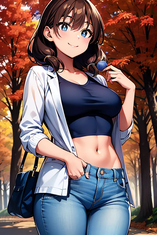 Megumi Amano、Shiny brown hair, short hair, Beautiful Blue Eyes、Small waist、Modest chest、smile、Sparkling eyes, (fine grain)、Very fine eye、Highly detailed face, Highly detailed eyes, Cowboy Shot、


(masterpiece, Highest quality), One girl, A cozy autumn-themed stroll, Nature walks, Autumn Day, flora, Beautiful lighting, Autumn colors, Autumn elements, Wear a bra with jeans