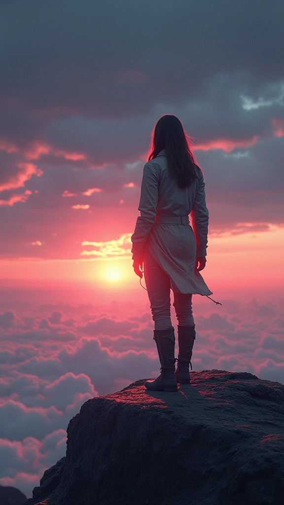 space woman standing on the edge of horizon looking at the viewer, looking at the camera sci fi art style of the masters,