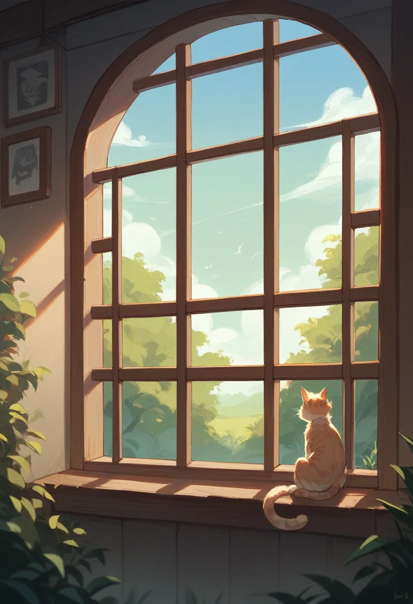 A cat sitting on the windowsill looking at the night view outside the window