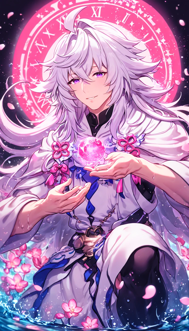 absurdres, highres, ultra detailed, HDR, master piece, Merlin, white hair, long hair, expressive light purple eyes, white tunic, white cape, Fate Gran Order, sexy man, handsome, best quality, pink glittering crescent moon, pink flowers, fantasy, magical, solo, water, pink shining fireflies, pink petals, sensual, horny, manly man, pink powers, pink crystal, pink clock ice