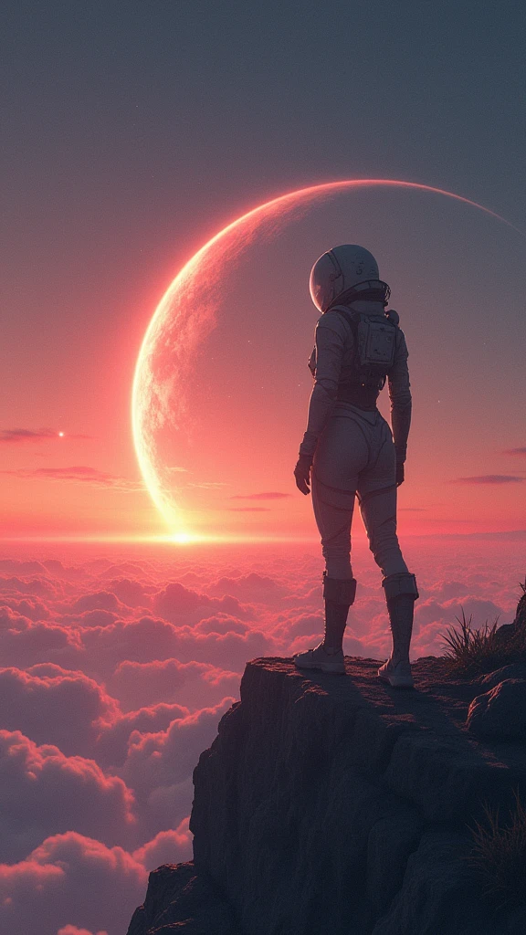 space woman standing on the edge of horizon looking at the camera, sci fi art style of the masters,