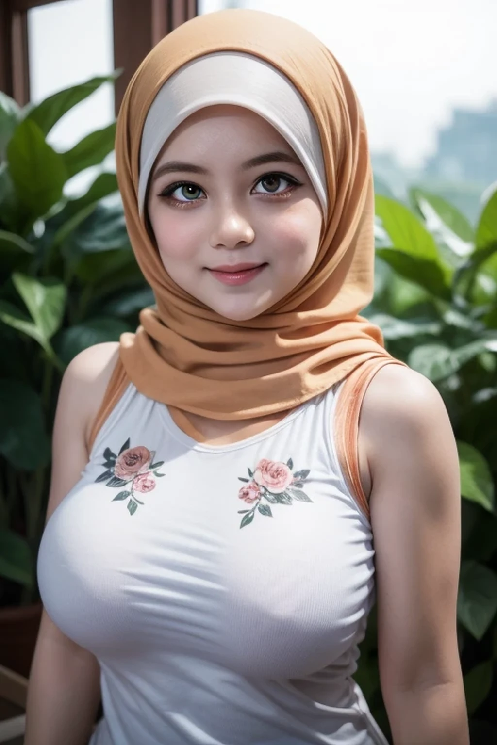 Jumbo (Singlet), Chubby adorable, 1 girl, (face to face), , baby face, hf body portrait, (face details: 1), (eye details: 1), ((big breasts)). wearing transparent transparency soft long shirt, hijab, .. Cute posed. proportional body. Ultra High Res. realistic: 1.4, UHD, (floral pattern), view from side seductive pose, ((Bigger Eye:1.6))