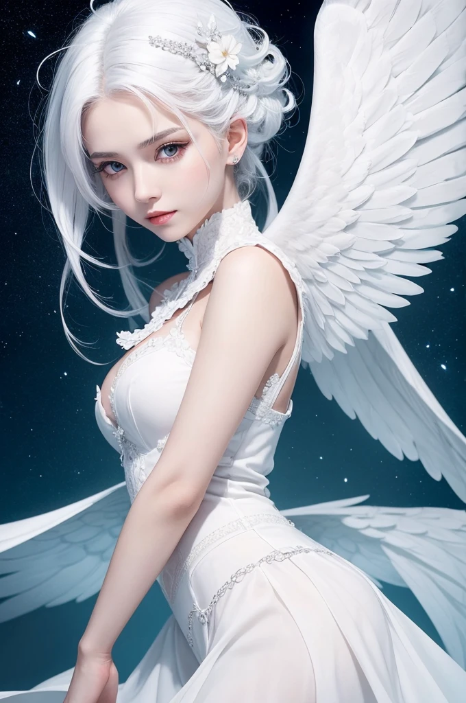 A woman with white hair and fair skin who has angel wings on her head and who wears elegant and cute white clothes