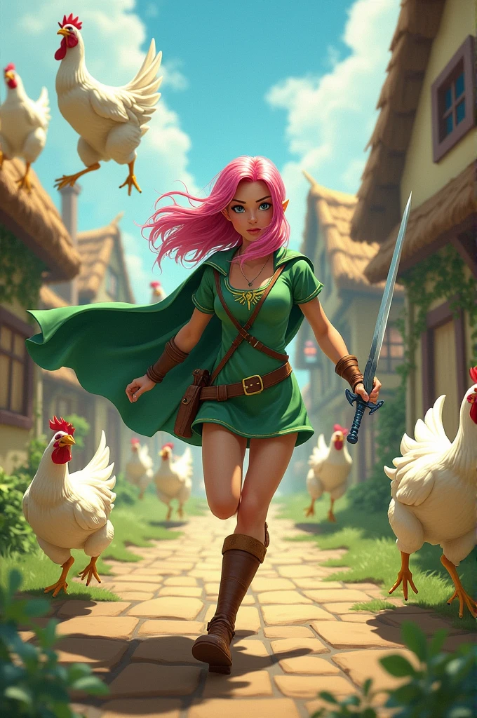 Create a Zelda-inspired digital art scene featuring a beautiful female swordswoman with pink hair, in a sleek green tunic and cape, running swiftly through a vibrant, fantasy village. She's holding a shining sword, pursued by a massive swarm of angry, flying white chickens. Emphasize dynamic motion and the whimsical setting with thatched cottages and cobblestone streets. Use a vivid color palette and expressive features for the protagonist, creating a lively and humorous game cover.