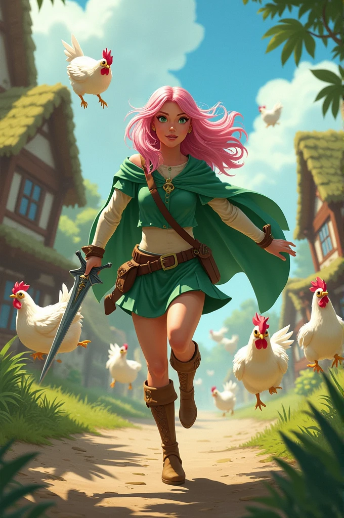 Create a Zelda-inspired digital art scene featuring a beautiful female swordswoman with pink hair, in a sleek green tunic and cape, running swiftly through a vibrant, fantasy village. She's holding a shining sword, pursued by a massive swarm of angry, flying white chickens. Emphasize dynamic motion and the whimsical setting with thatched cottages and cobblestone streets. Use a vivid color palette and expressive features for the protagonist, creating a lively and humorous game cover.