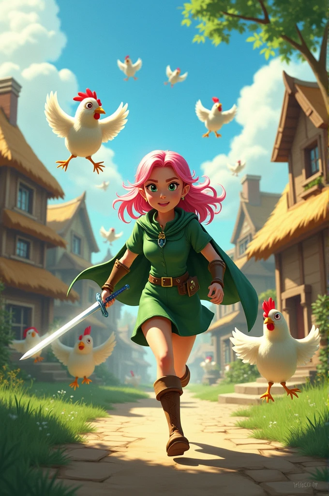 Create a Zelda-inspired digital art scene featuring a beautiful female swordswoman with pink hair, in a sleek green tunic and cape, running swiftly through a vibrant, fantasy village. She's holding a shining sword, pursued by a massive swarm of angry, flying white chickens. Emphasize dynamic motion and the whimsical setting with thatched cottages and cobblestone streets. Use a vivid color palette and expressive features for the protagonist, creating a lively and humorous game cover.