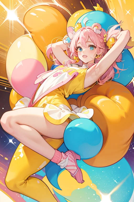 Numble is a light pink girl bear with yellow and orange spots all over her body. Her ears are pink, while her arms are blue and feet are yellow. She appears to have caramel on her head in her promotional art, referencing her scent. SPARKLE; GLITTER