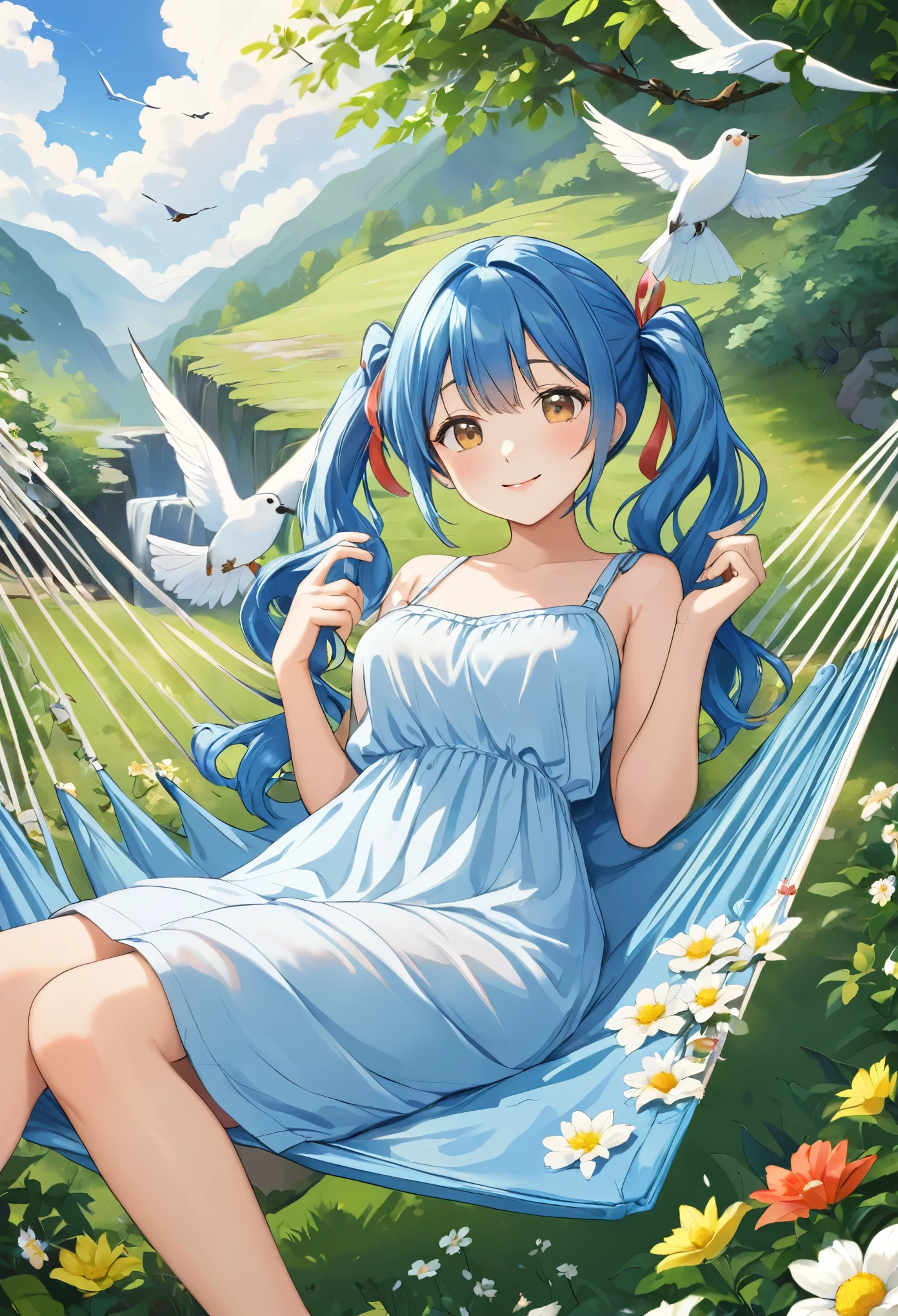 Girl lying in a comfortable hammock in a colorful garden,Light blue long hair、Beautiful girl with twin tails、Adorable smile、Relaxing in a hammock from the top of a mountain looking out over the valley below、,A soft breeze gently rustles the flowers and grass around her.,Relaxed atmosphere,Surrounded by lush greenery,Natural Beauty,Peaceful and serene,Feeling totally relaxed and carefree [Beautiful attention to detail,Beautiful lip detail],Wearing a loose summer dress,Immerse yourself in a fascinating book,background,A small waterfall flows slowly,Laid-back clouds floating in the clear blue sky,Birds chirping happily,Creating a harmonious melody,Evokes a sense of peace and calm,Artistic and dreamy landscapes,masterpiece:1.2,High resolution,Very detailed,Realistic,Studio Lighting,Vibrant colors,Soft and warm color palette