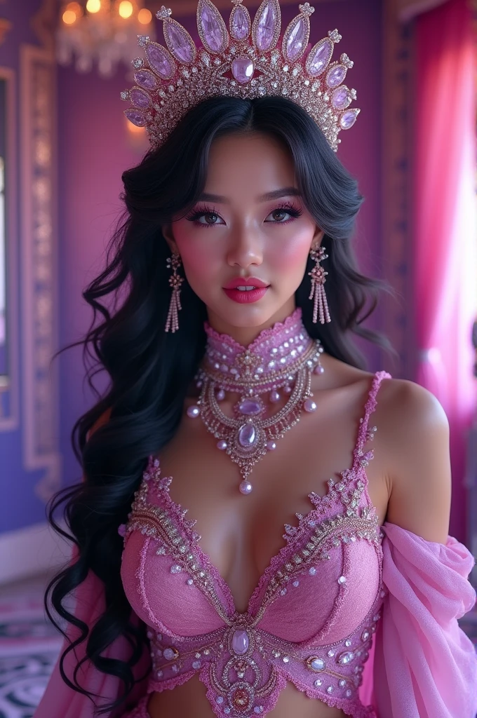Tzuyu 1, woman, (Realistic), (Hyperrealism), (photoRealistic), Written boundary depth, eye make up:0.7 (whole body:1.8), (Large Bust),(Tight waist), Observe the audience,At the flower garden, Fashion Model, A sexy sheer dress made of all lace with an open shoulder and neckline.

