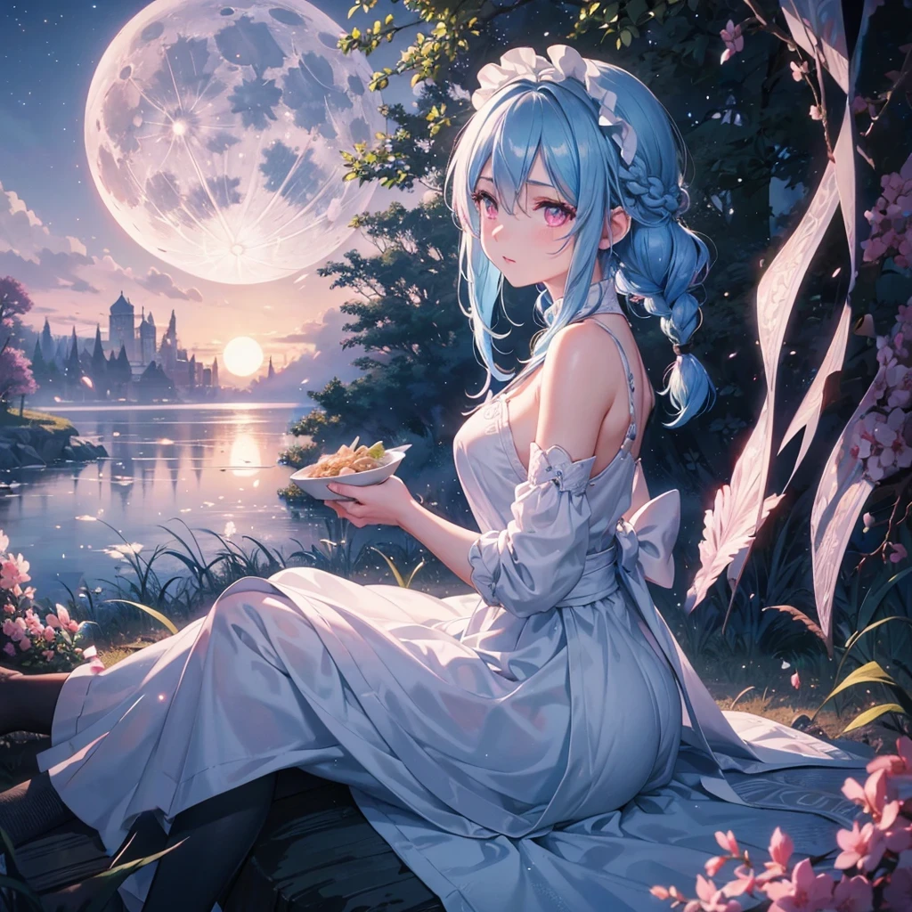 Sky blue hair, (1 braided hair), (Pink eyes),Fair skin)  ,(whole body),(One Girl),(White sweet dumpling),Miscanthus sinensis,(beautiful, Full moon shining in the night sky),(masterpiece, Highest quality, Very detailed, Best Shadow), (Detailed Background), (Beautifully detailed face), High Contrast, (Best lighting, Very delicate and beautiful), ((Cinematic Light)), Hyper Detail,8k, Dramatic Light, Intricate details,Sit down and eat dumplings,