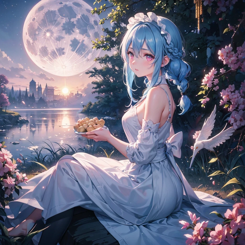 Sky blue hair, (1 braided hair), (Pink eyes),Fair skin) ,(whole body),(One Girl),(White sweet dumpling),Miscanthus sinensis,(beautiful, Full moon shining in the night sky),(masterpiece, Highest quality, Very detailed, Best Shadow), (Detailed Background), (Beautifully detailed face), High Contrast, (Best lighting, Very delicate and beautiful), ((Cinematic Light)), Hyper Detail,8k, Dramatic Light, Intricate details,Sit down and eat dumplings,