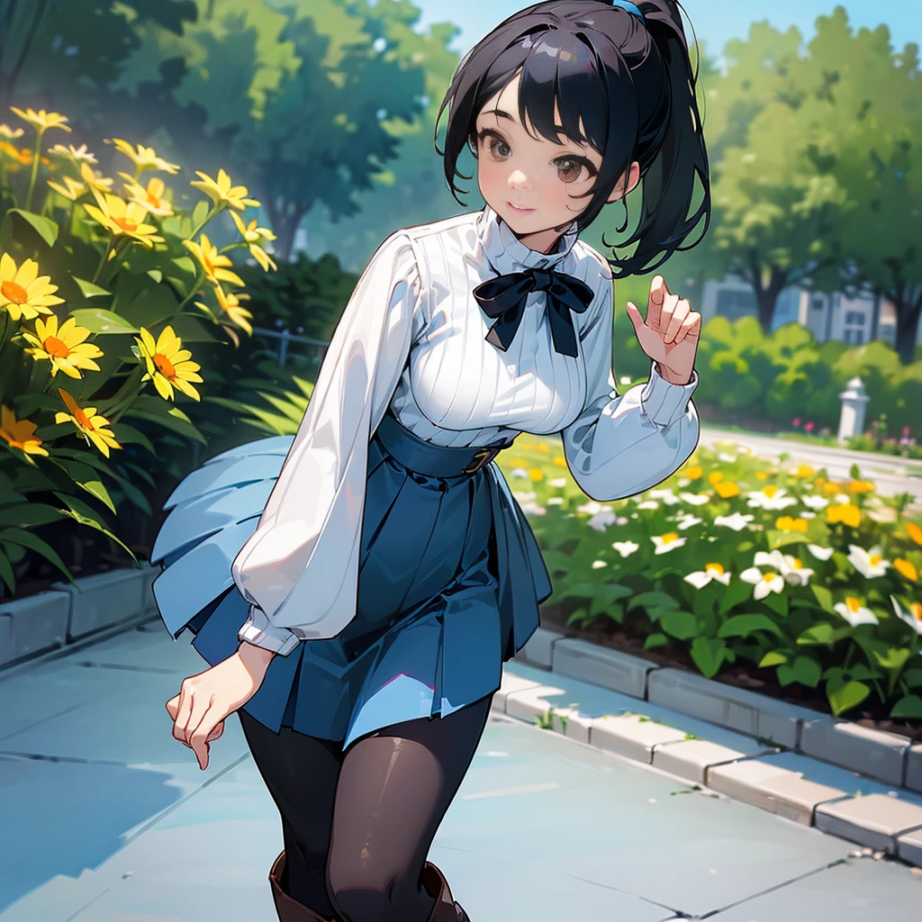 (high quality, High resolution, Very detailed, reality:1.37), Peaceful atmosphere, (Outdoor, garden), Teenage girl standing alone, (my breasts are big.), Beautiful details, Cute Smile, (Black hair ponytail), Ribbed sweater, Blue Skirt, Black tights, Brown boots.