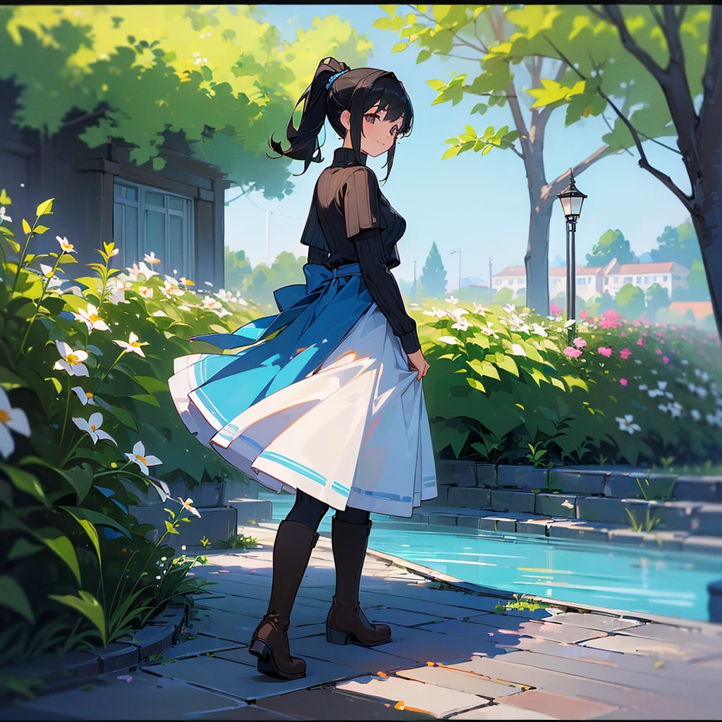 (high quality, High resolution, Very detailed, reality:1.37), Peaceful atmosphere, (Outdoor, garden), Teenage girl standing alone, (my breasts are big.), Beautiful details, Cute Smile, (Black hair ponytail), Ribbed sweater, Blue Skirt, Black tights, Brown boots.