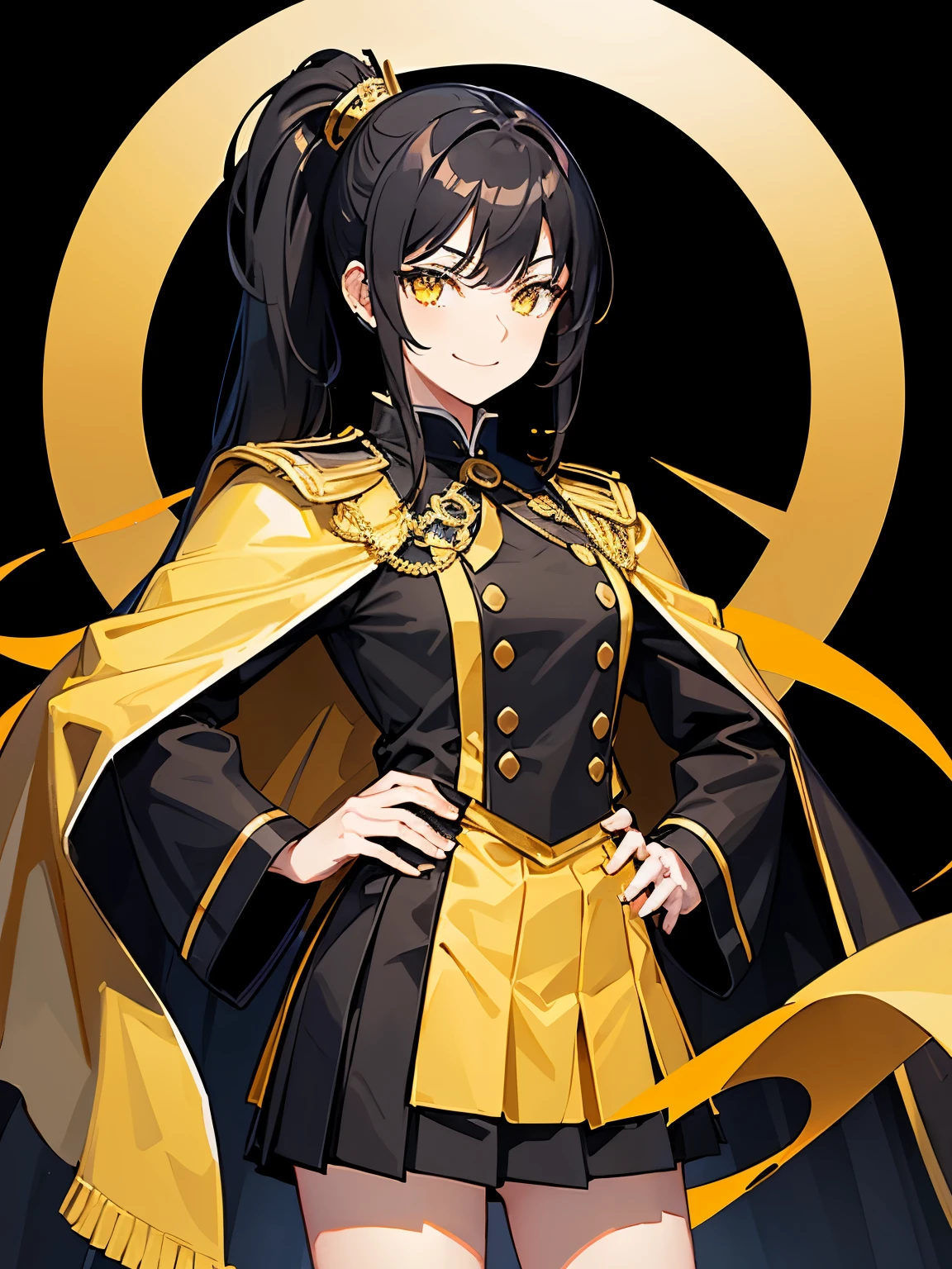(solo:1.2), black hair, long pony tail, yellow eyes, academy uniform, (golden cloak), pleated skirt, black stockings, ((smug smile)), hands on hips, school background, (best quality), (ultra detailed)