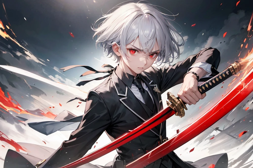 (hard battle style) (hand holding japanese long sword) (long sword with double exposure frame), (best quality pose Ready sword) (solo:2, 16 yo) (detailed cool crew cut silver hair very short hair) (smart divine sword fighter boy) (detailed cool red eyes) (cool angry face), in a butler suit with wind effect, break, in the battle open field, background black, BREAK, perfect anatomy, masterpiece, best quality, 16k, beautiful detailed grow, daydreaming expression.