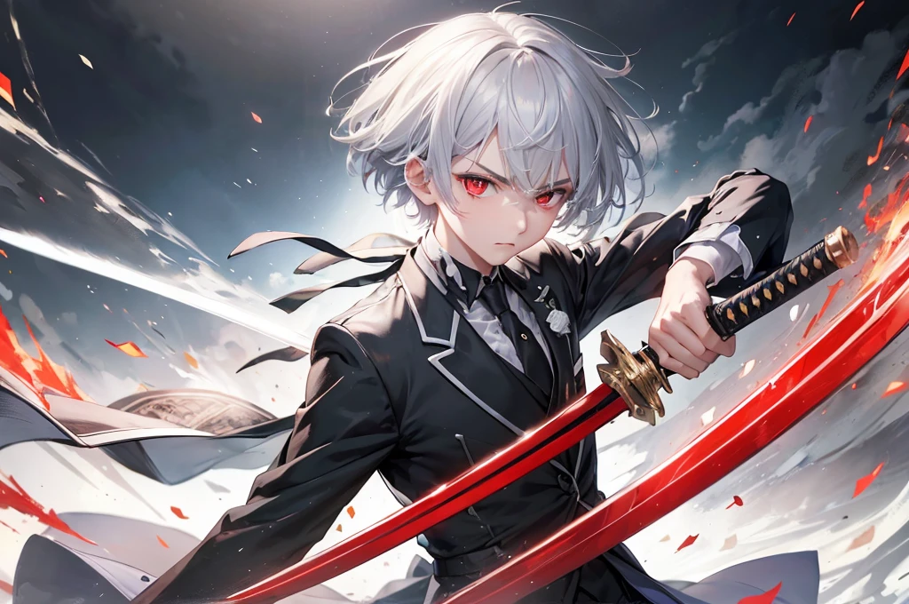 (hard battle style) (hand holding japanese long sword) (long sword with double exposure frame), (best quality pose Ready sword) (solo:2, 16 yo) (detailed cool crew cut silver hair very short hair) (smart divine sword fighter boy) (detailed cool red eyes) (cool angry face), in a butler suit with wind effect, break, in the battle open field, background black, BREAK, perfect anatomy, masterpiece, best quality, 16k, beautiful detailed grow, daydreaming expression.