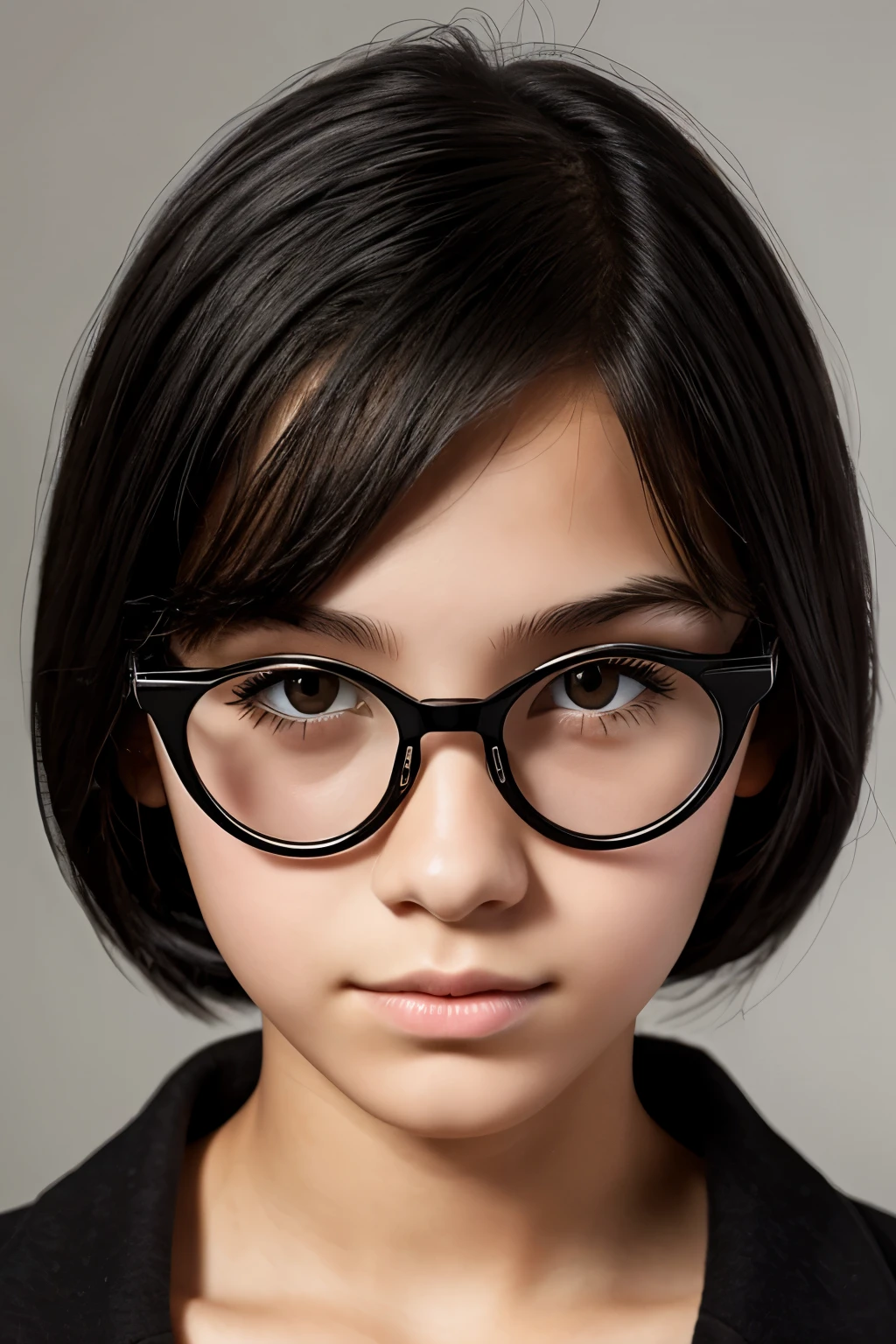 generate a self-portrait of a 16-year-old girl with black eyes, transparent glasses with capul and black hair