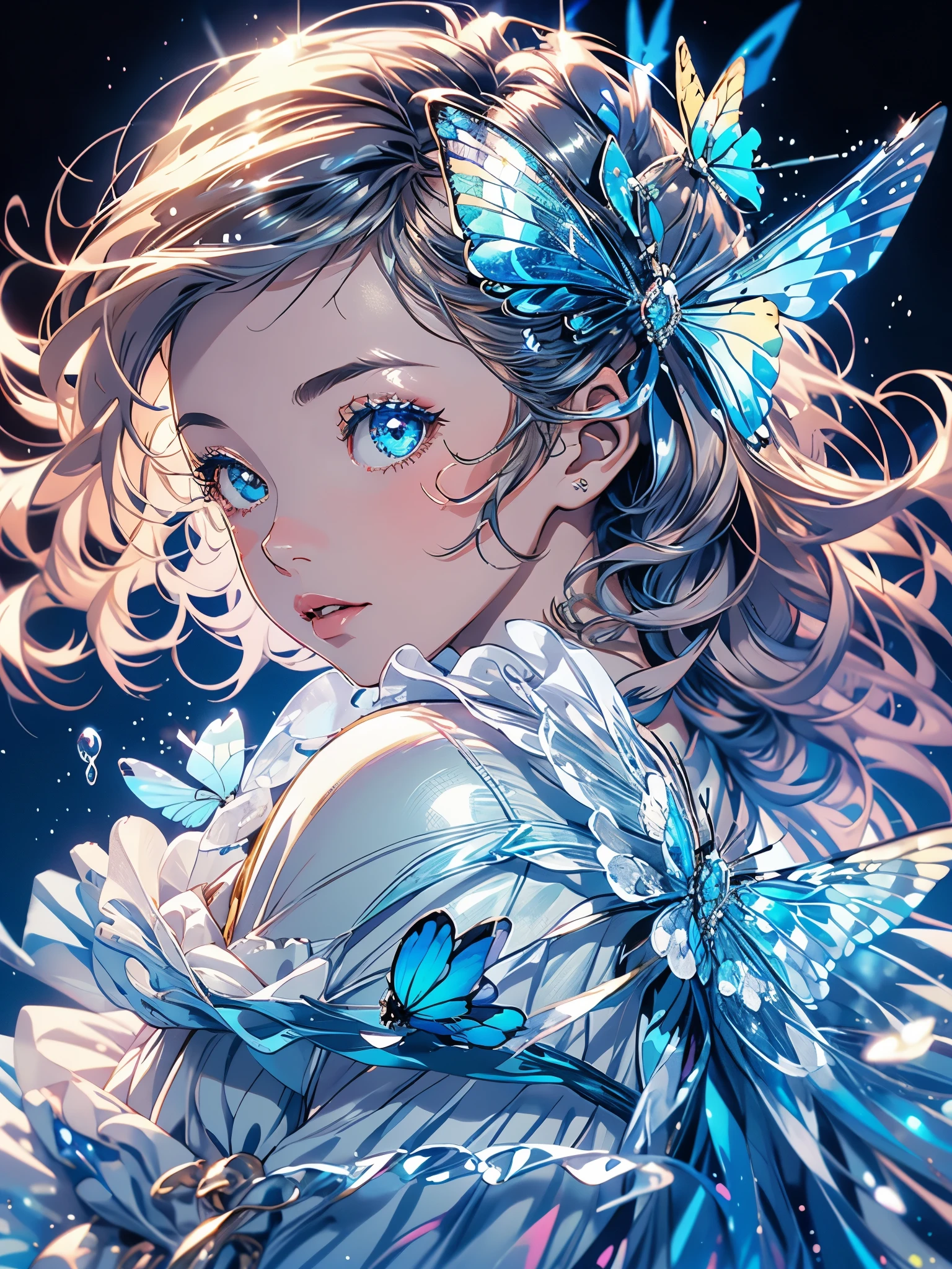1 girl, transparent water, blue butterfly, saia de gaze pure branch, sparkling wine