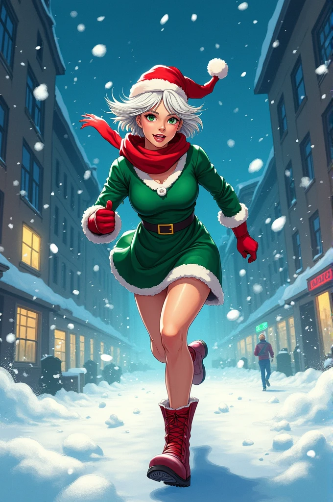 A stunning image of a young woman dressed in a green tunic, red boots, gloves, and santas cap, with short white hair and a beautiful face. She is depicted running at high speed, surrounded by a snowy blue night city. The image exudes a sense of excitement and energy, with a speed effect emphasizing her swift movement. The quality of the image is exceptional, capturing every detail, from the flawless white skin to the vibrant colors of her attire. manga style