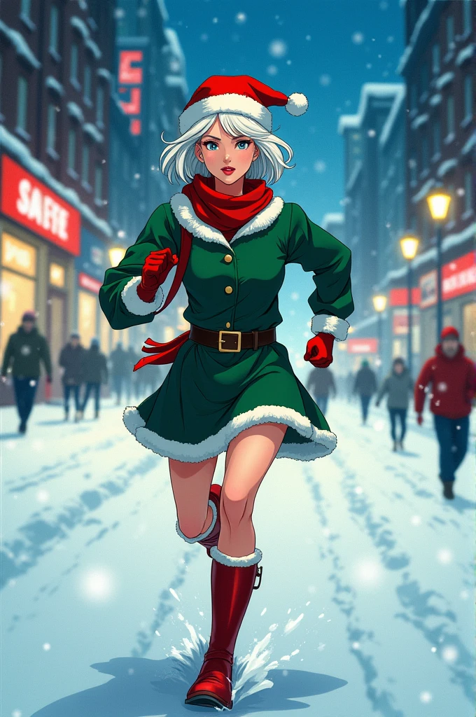 A stunning image of a young woman dressed in a green tunic, red boots, gloves, and santas cap, with short white hair and a beautiful face. She is depicted running at high speed, surrounded by a snowy blue night city. The image exudes a sense of excitement and energy, with a speed effect emphasizing her swift movement. The quality of the image is exceptional, capturing every detail, from the flawless white skin to the vibrant colors of her attire. manga style