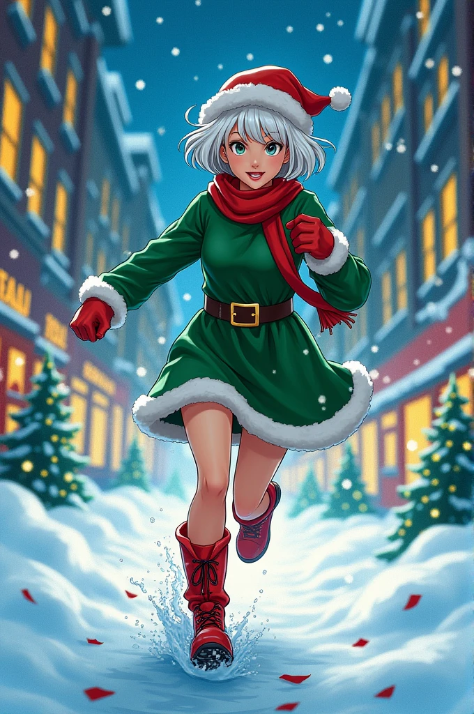 A stunning image of a young woman dressed in a green tunic, red boots, gloves, and santas cap, with short white hair and a beautiful face. She is depicted running at high speed, surrounded by a snowy blue night city. The image exudes a sense of excitement and energy, with a speed effect emphasizing her swift movement. The quality of the image is exceptional, capturing every detail, from the flawless white skin to the vibrant colors of her attire. manga style