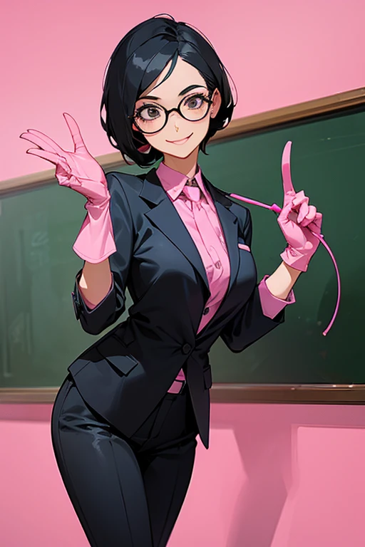 A mature woman with glasses and black hair in a suit wearing long pink rubber gloves and smiling suspiciously in front of a blackboard　