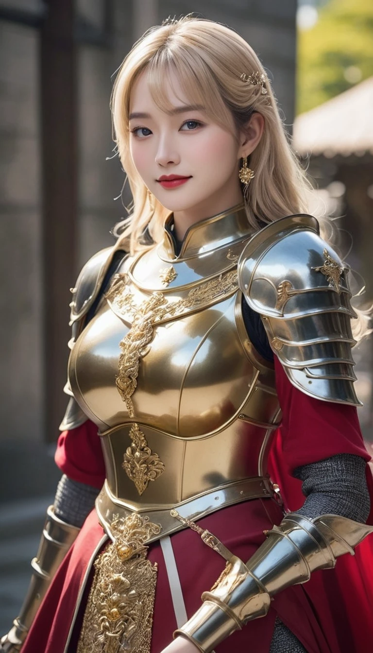 masterpiece,Highest quality,上位のknight,(女性knight_knight:1),(Gold Armor:1.3), (35歳の女性knight:1.3),、(((Big and ample breasts))) Big big cleavage、(((Big big big boobs))) ,Hyper Real,中世ヨーロッパのbattlefieldにいる,Beautiful smile、British women、Delicate skin texture to the smallest detail、Detailed blue eyes (Very large)、(Beautiful middle-aged woman)、(Fluffy long blonde hair)、Dense and dense skin texture、(((very big huge tits)))、女性knight、(((Big big cleavage)))、豪華に装飾されたGold Armor、Golden long boots with flashy decorations、Pure gold and jewellery necklaces and collars、Big gold earrings、Red lips、(((Dressed in gorgeous golden armor)))、Golden Long Globe、((She has a fancy long sword))、The sword is ornately decorated..........................、((The blade is crimson))、(女性knight)、(battlefield)、
