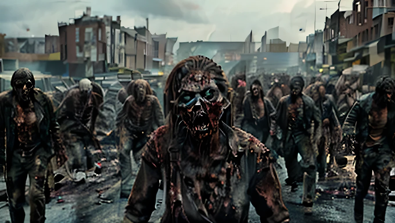 female sexy zombies, with blood and wounds all over the body, realistic, 4k, mutant, open mouth showing some broken teeth. The surrounding building looks destroyed and burned, this zombie looks standing and ready to attack 