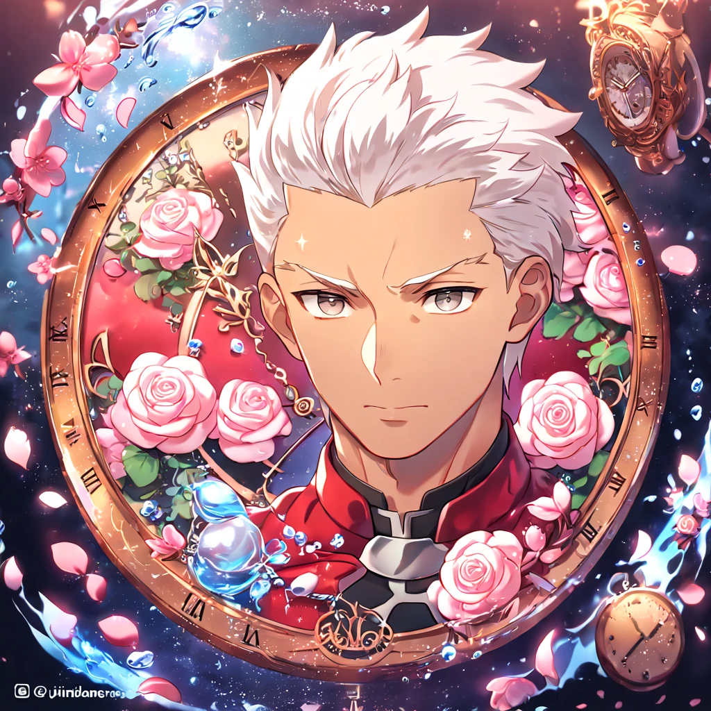 absurdres, highres, ultra detailed, HDR, masterpiece, extremely detailed, Archer, white hair, expressive gray eyes, Fate Stay Night, solo, sexy man, handsome, sensual, red coat, close up, water, magical, fantasy, glittering, shining, pink roses, blossoms, petals, in woderland, clock, manly man, tanned skin
